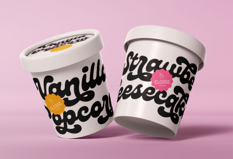 Eisbecher der Eismarke Eloise mit den Designs für Vanille-Popcorn-Eis und Strawberry-Cheesecake-Eis