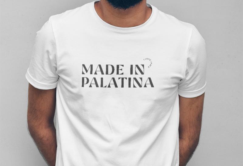 I Love Pfalz Modelabel: Made in Palatina auf weißem T-Shirt