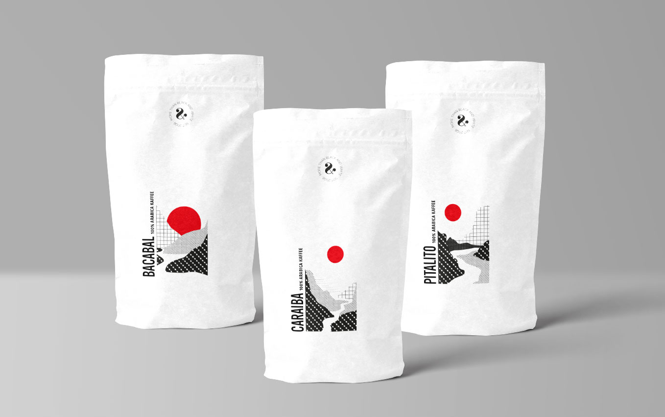 Verpackungsdesign der Kaffeerösterei, 3 Packungen zeigen die verschiedenen Designs der Kaffeepackung